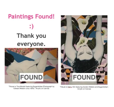 UPDATE: Paintings have been found and returned to artist studio.